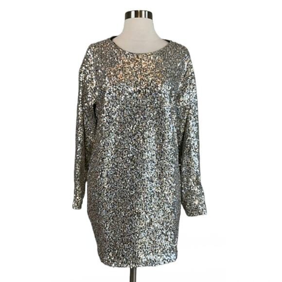 AQUA Women's Cocktail Dress Size 14 Silver Sequined Long Sleeve Mini Shift - Picture 1 of 9